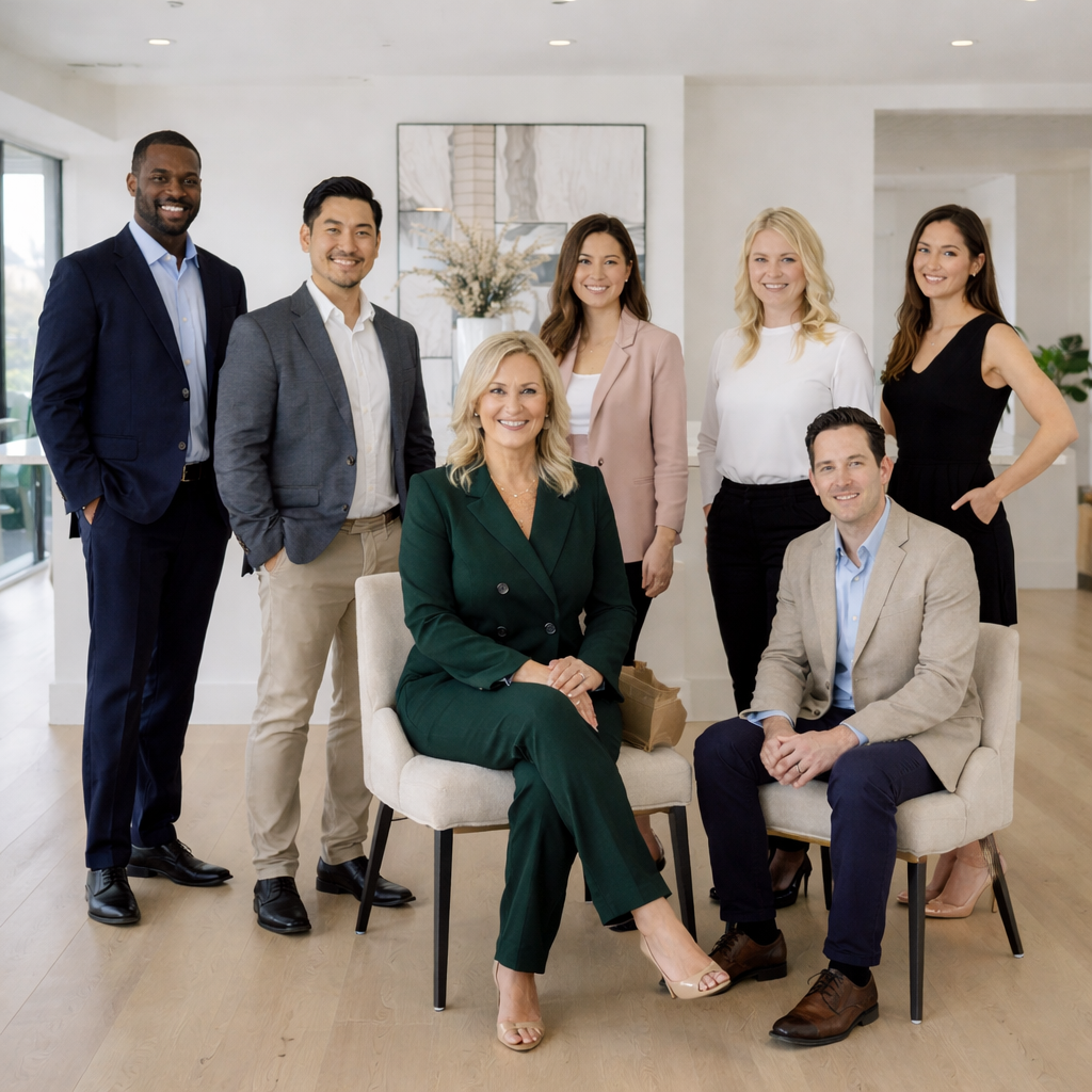 Professional real estate team lead reviewing documents in a modern office