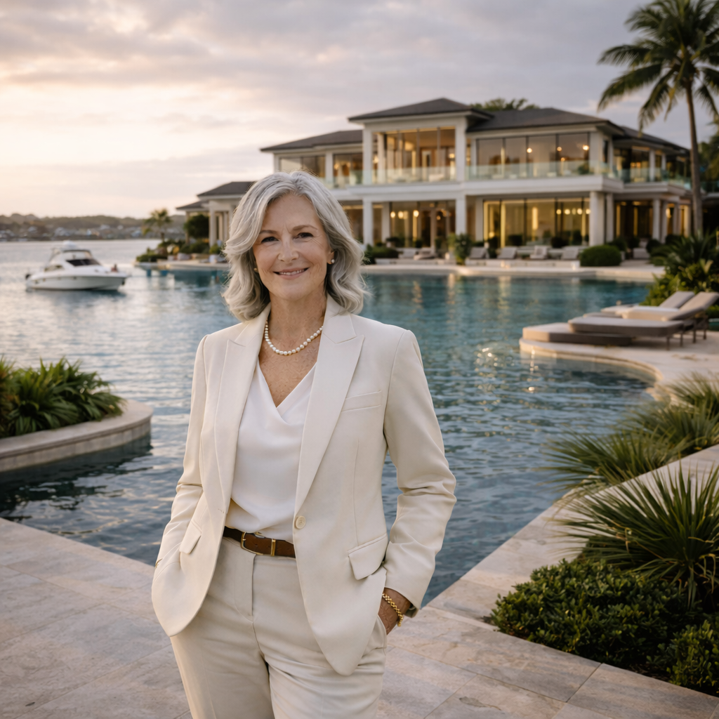 Experienced luxury real estate agent meeting with clients at a high-end property